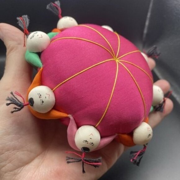 Vintage Chines Friendship Pincushion 5" Satin Doll Ring 8 Faces Folk Art Bright - Picture 2 of 7